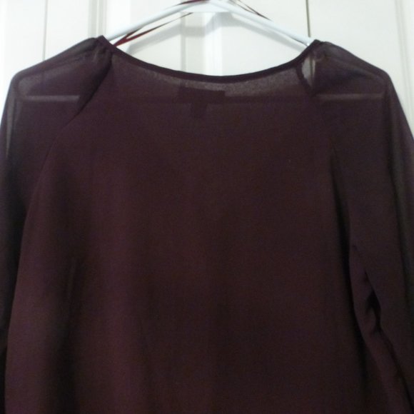 LE CHATEAU burgundy semi-sheer ruffle chiffon v-neck 3/4 sleeve blouse - Picture 9 of 9